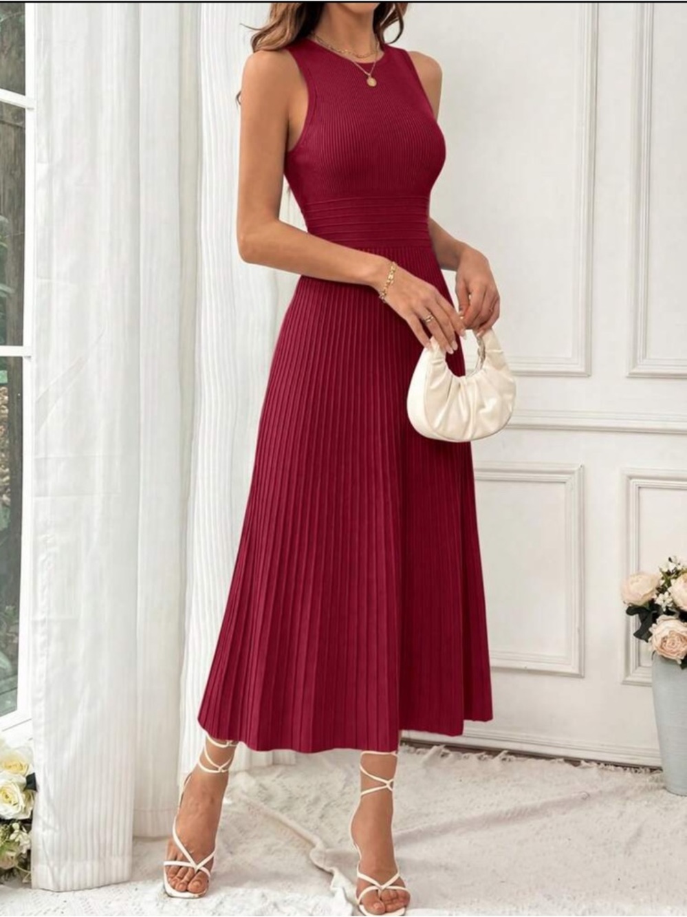 Sleeveless Pleated Midi Dress in Burgundy